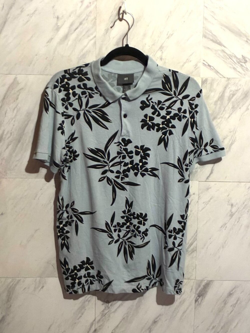Blue and Navy Floral Polo Shirt by H&M Size M
